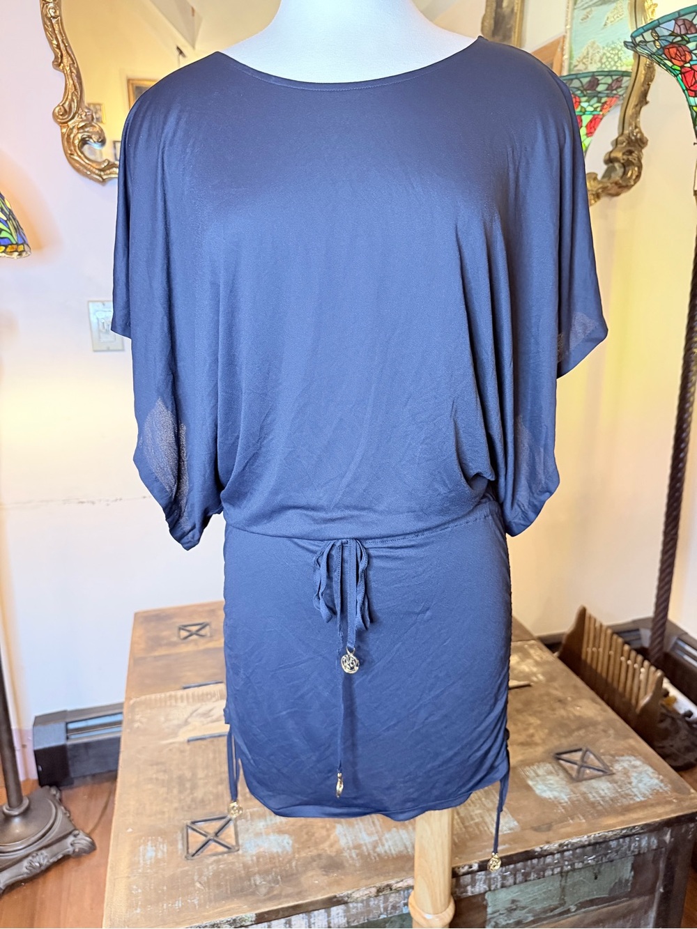 Little Black Slinky Drawstring Dolman Sleeve Dress w/ Adjustable Rusched  Sides